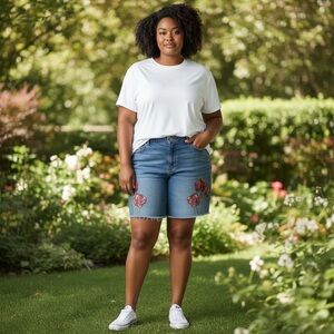 Lane Bryant Blue Jean Shorts with Red Floral Design
